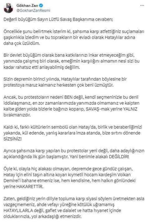 Gökhan Zan'dan kendisini Hatay'daki protestolardan sorumlu tutan Lütfü Savaş'a yanıt