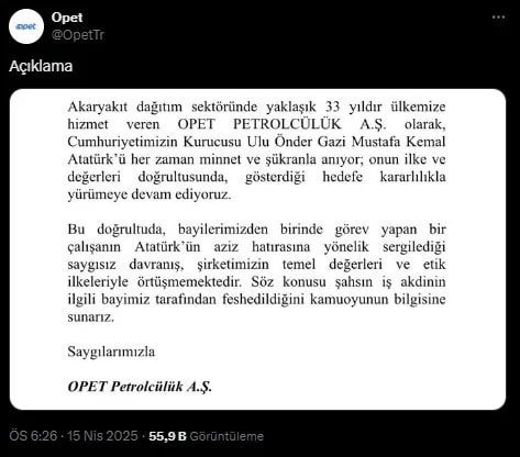 OPET'ten Atatürk'e Küfür Eden Çalışana İşten Çıkarma Kararı
