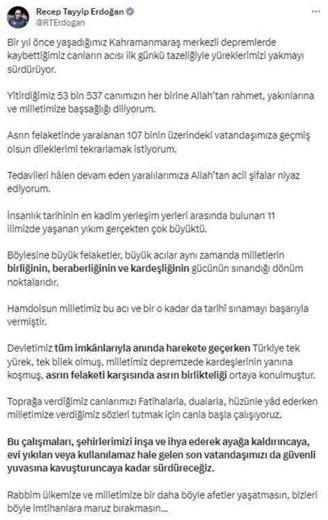 Erdoğan'dan 6 Şubat mesajı: Depremzedelerin güvenli yuvalarına kavuşması için çalışmalar devam edecek