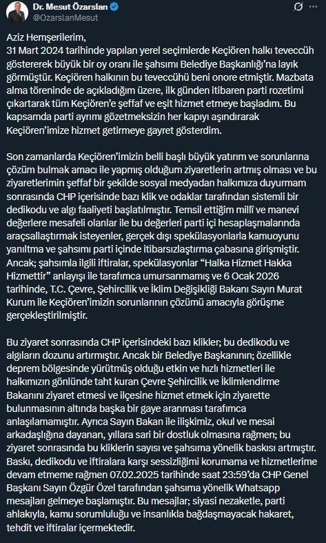 Keçiören Belediye Başkanı Mesut Özarslan, CHP'den istifa etti