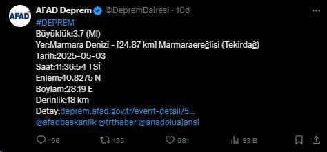 Marmara'da 3.7 büyüklüğünde deprem