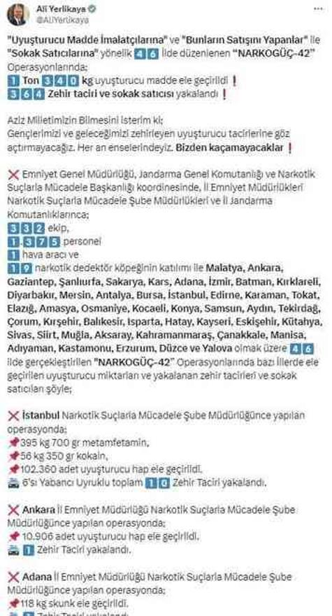 46 ilde düzenlenen operasyonda 1 ton 340 kilogram uyuşturucu madde ele geçirildi
