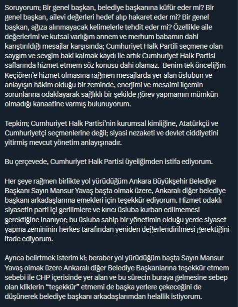 Keçiören Belediye Başkanı Mesut Özarslan, CHP'den istifa etti