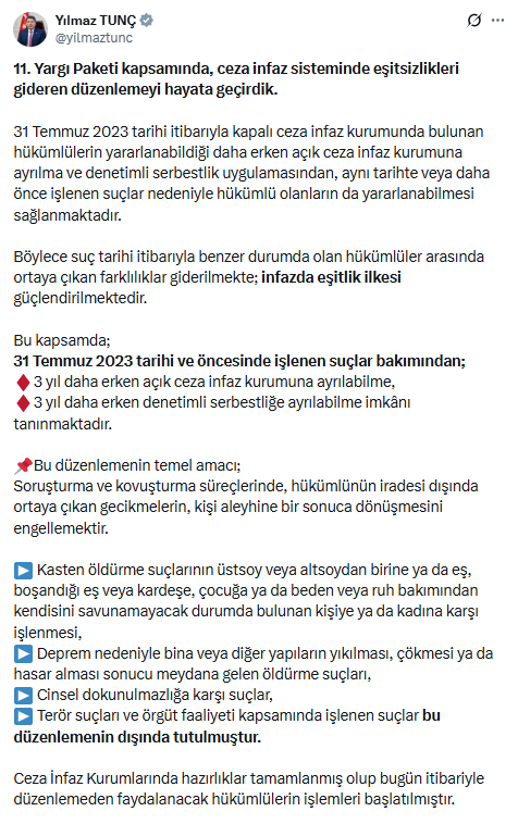 11. Yargı Paketi'nden faydalanacak hükümlülerin tahliyeleri başladı