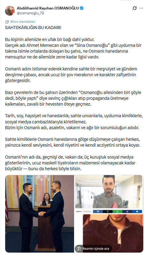 Osmanoğlu ailesinden 'Sina Osmanoğlu' tepkisi: 'Sahtekârlığın bu kadarı!'