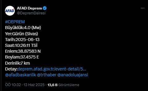 Sivas'ta deprem mi oldu? 13 Haziran deprem kaç büyüklüğünde?