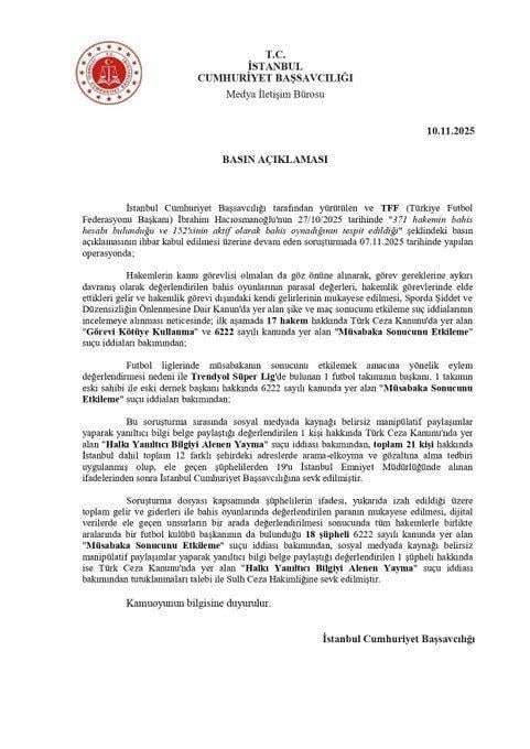 İstanbul Cumhuriyet Başsavcılığı'ndan bahis soruşturması hakkında yeni açıklama