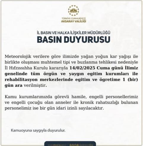 Aksaray okullar tatil mi SON DAKİKA? 14 Şubat Cuma Aksaray okul yok mu (Aksaray Valiliği Açıklaması – KAR TATİLİ)?