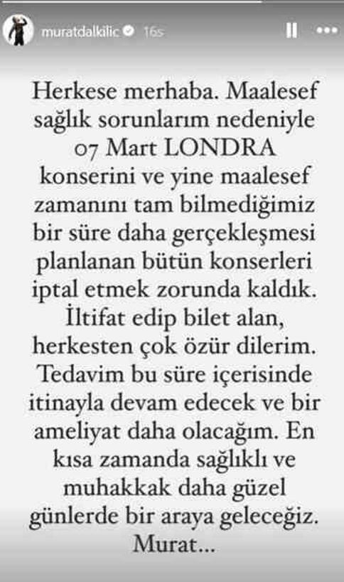 9. kez burun ameliyatı olacak olan Murat Dalkılıç tüm konserlerini iptal etti