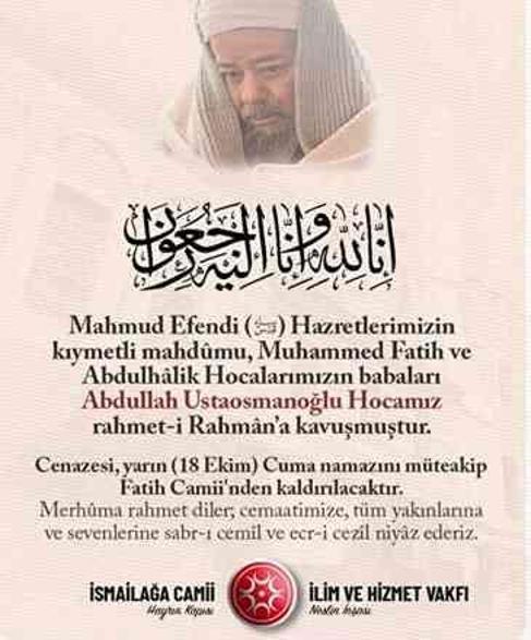 Abdullah Ustaosmanoğlu cenaze namazı ne zaman, nerede, hangi camide kılınacak?