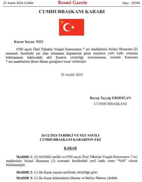 Erdoğan'ın imzasıyla yeni dönem başladı! İşte ÖTV'siz alınabilecek araçlar