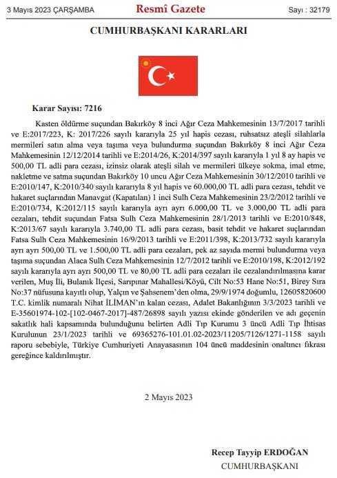 Cumhurbaşkanı Erdoğan, 4 hükümlünün cezasını affetti