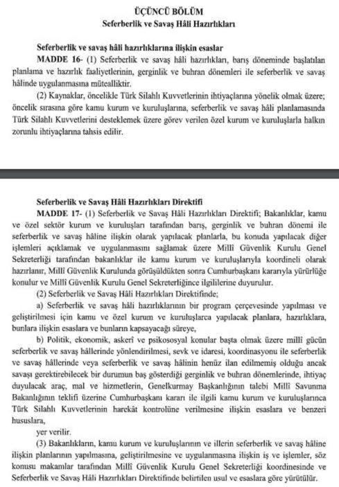 Cumhurbaşkanı Erdoğan, 'Seferberlik ve Savaş Hâli Yönetmeliği'ni yayımladı