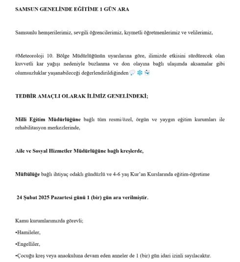Samsun okullar tatil mi SON DAKİKA? 24 Şubat Pazar Samsun okul yok mu (Samsun Valiliği Açıklaması – KAR TATİLİ)?
