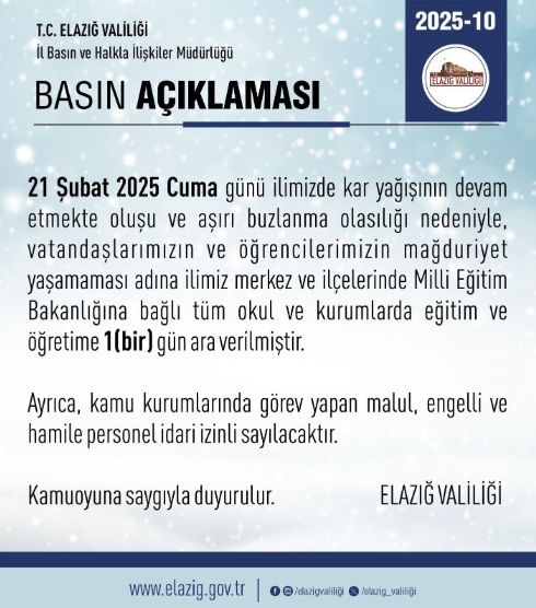 Elazığ okullar tatil mi SON DAKİKA? 21 Şubat Cuma Elazığ okul yok mu (Elazığ Valiliği Açıklaması – KAR TATİLİ)?