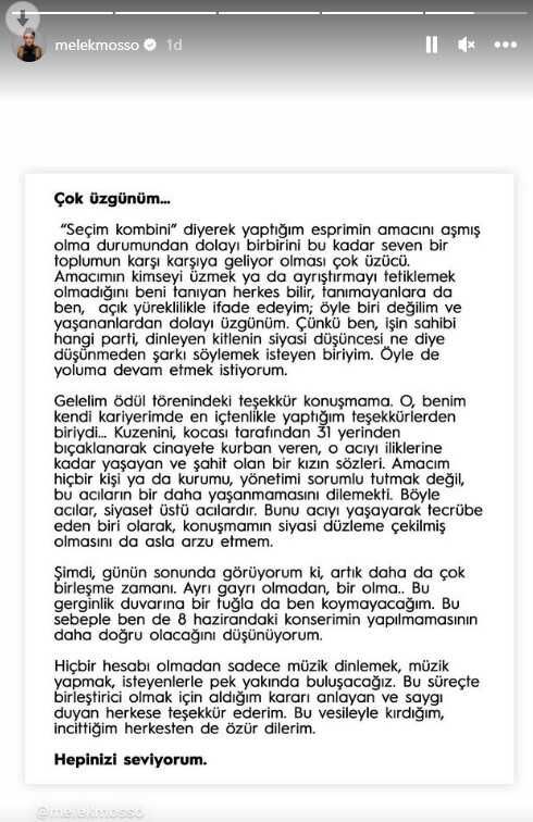 Ödül konuşmasındaki sözleri tepki çeken Melek Mosso, konserini iptal etti