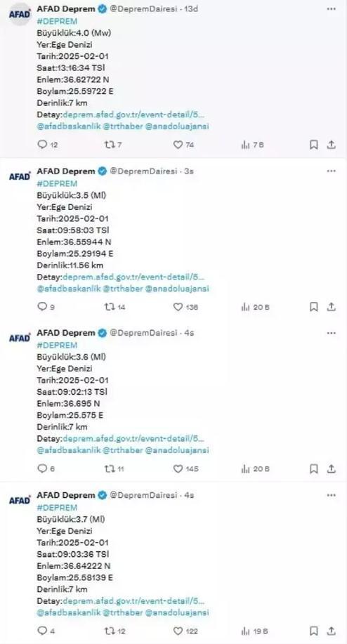 Ege Denizi'nde peş peşe 6. deprem