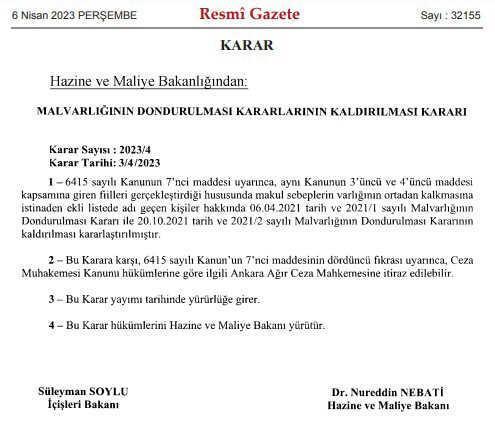 Karar Resmi Gazete'de! 9 kişinin malvarlığının dondurulması kararı kaldırıldı