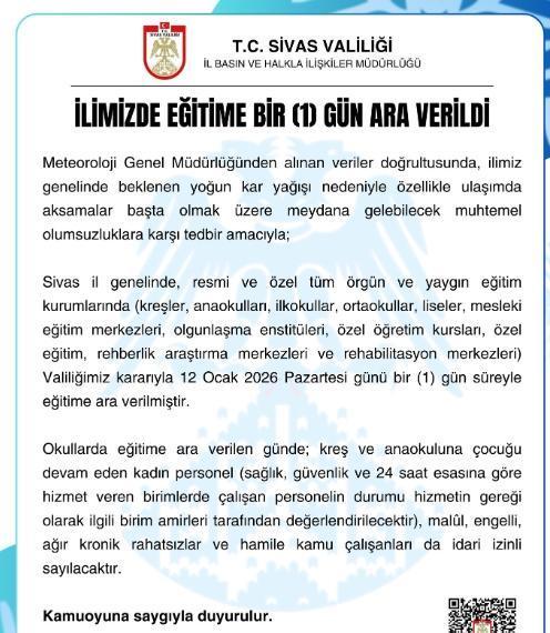 Sivas okullar tatil mi, 12 Ocak Pazartesi Sivas'ta yarın okul yok mu (SİVAS VALİLİĞİ - KAR TATİLİ)?