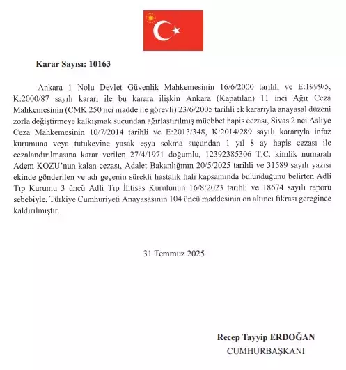 Cumhurbaşkanı Erdoğan, 9 hükümlünün cezasını kaldırdı