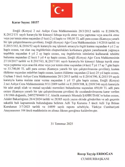 Cumhurbaşkanı Erdoğan, 9 hükümlünün cezasını kaldırdı