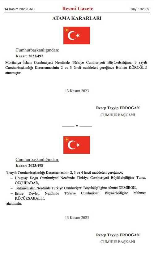 Büyükelçi atamaları Resmi Gazete'de yayınlandı! 14 Kasım Resmi Gazete atama kararları neler?