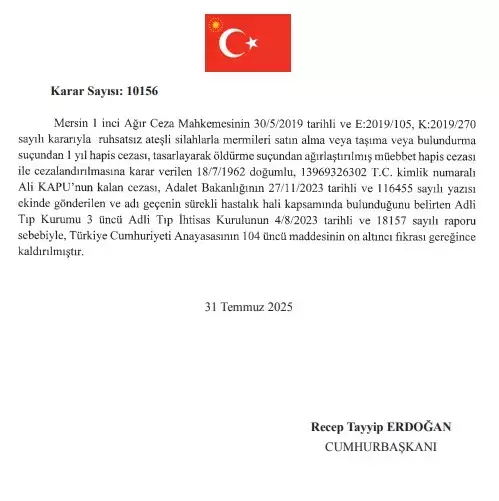 Cumhurbaşkanı Erdoğan, 9 hükümlünün cezasını kaldırdı