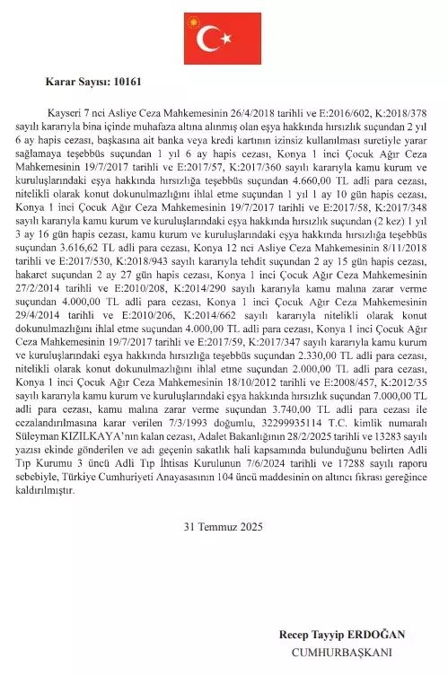 Cumhurbaşkanı Erdoğan, 9 hükümlünün cezasını kaldırdı
