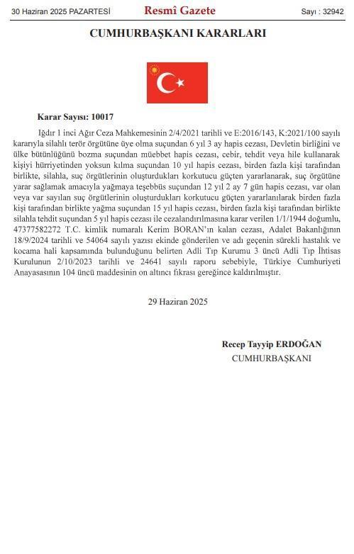 Cumhurbaşkanı Erdoğan, iki mahkum için af yetkisini kullandı