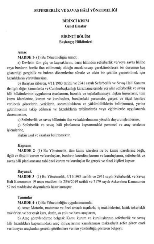Cumhurbaşkanı Erdoğan, 'Seferberlik ve Savaş Hâli Yönetmeliği'ni yayımladı
