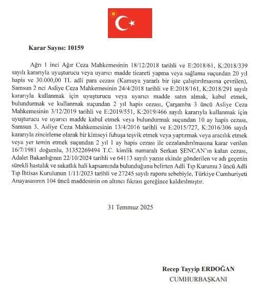 Cumhurbaşkanı Erdoğan, 9 hükümlünün cezasını kaldırdı