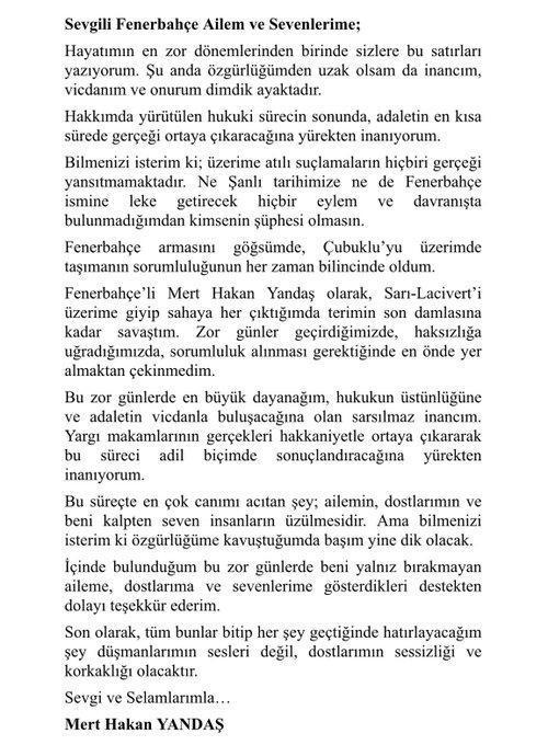 Mert Hakan Yandaş'tan Fenerbahçe taraftarına mektup: Dostlarına sitem etti