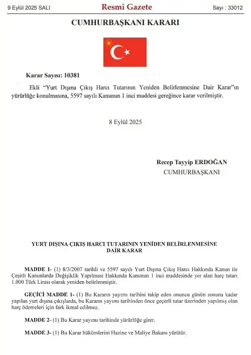 Yurt dışı çıkış harcı 1000 TL'ye yükseltildi