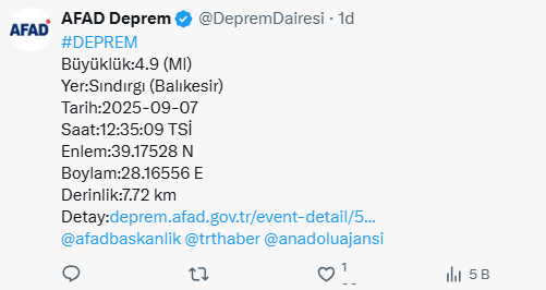 Balıkesir'de 4.9 büyüklüğünde deprem