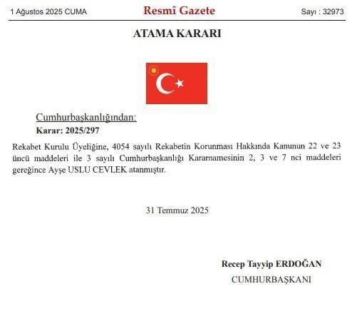 Rekabet Kurulu Üyeliğine Ayşe Uslu Cevlek atandı