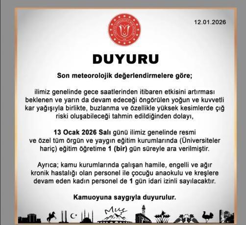 Muş okullar tatil mi, 13 Ocak Salı Muş'ta okul yok mu (MUŞ VALİLİĞİ - KAR TATİLİ)?