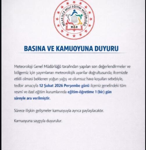 Muğla, Bodrum, Milas okullar tatil mi, 12 Şubat Perşembe okullar neden tatil edildi?