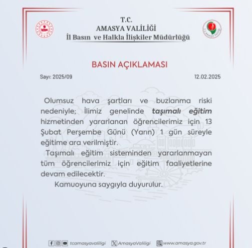 Amasya okullar tatil mi SON DAKİKA? 13 Şubat Perşembe Amasya'da okul yok mu (Amasya Valiliği Açıklaması – KAR TATİLİ)?