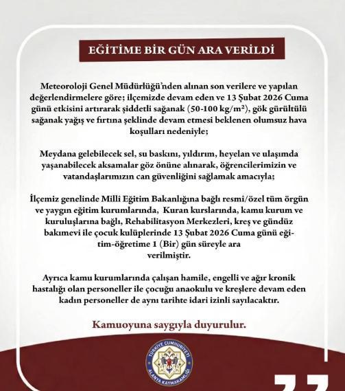 Alanya okullar tatil mi, 13 Şubat Cuma Alanya'da okul yok mu (Alanya Kaymakamlığı)?