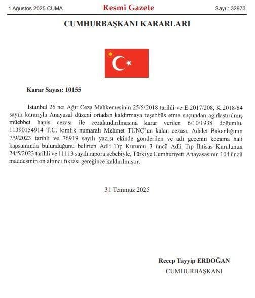 Cumhurbaşkanı Erdoğan, 9 hükümlünün cezasını kaldırdı
