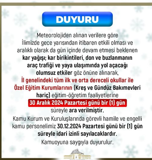 Afyon okullar tatil mi 30 Aralık Pazartesi (Son Dakika Afyon Valiliği)?