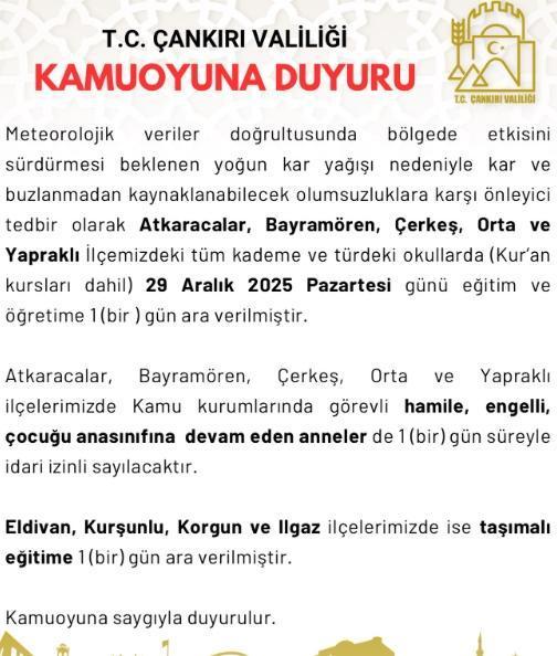 Çankırı okullar tatil mi? 29 Aralık Pazartesi yarın Çankırı'da okul yok mu (KAR TATİLİ – Çankırı VALİLİĞİ)?