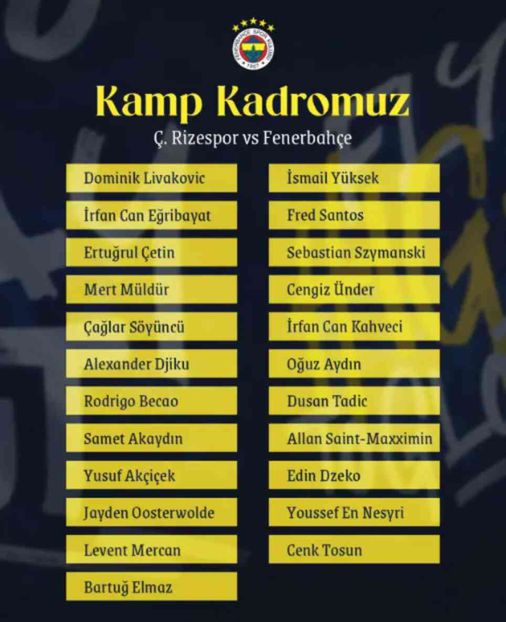 Fenerbahçe'nin maç kamp kadrosu! Fenerbahçe- Rizespor maçı maç kadrosu kampında kimler var?