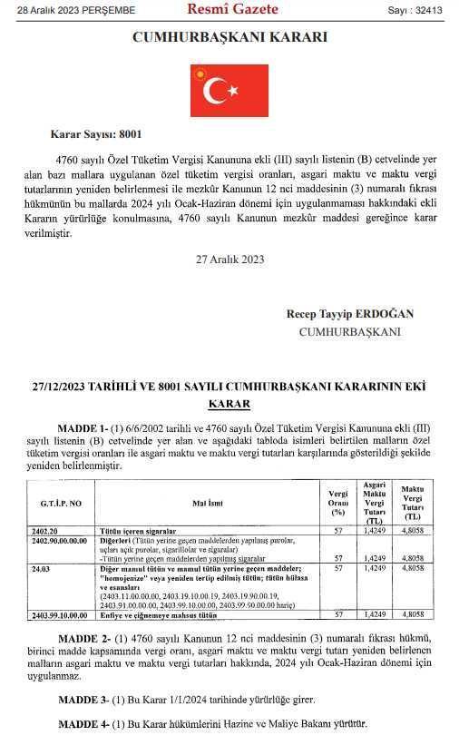 Sigarada vergi oranları değişti