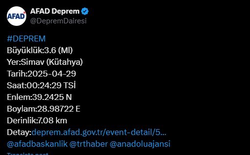 Kütahya'da deprem oldu mu? 29 Nisan Salı bugün Kütahya'da deprem mi oldu SON DAKİKA?