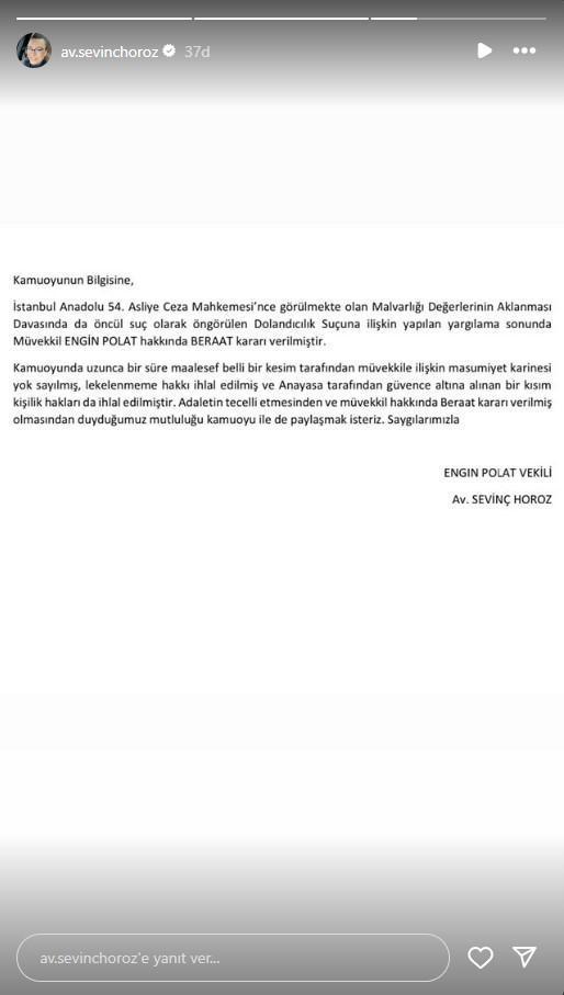 Engin Polat'tan teşekkür ve sevinç ifadesi