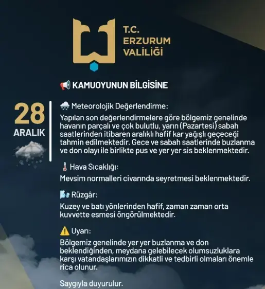 Erzurum okullar tatil mi? 29 Aralık Pazartesi Erzurum'da okul yok mu (KAR TATİLİ – ERZURUM VALİLİĞİ)?