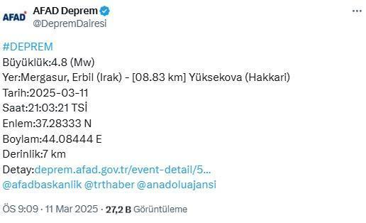Kuzey Irak'ın Erbil şehrinde 4.8 büyüklüğünde deprem