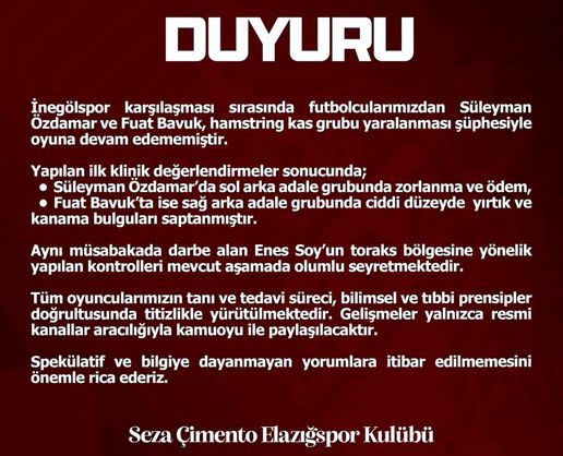 >Elazığspor'dan sakat futbolculara ilişkin açıklama