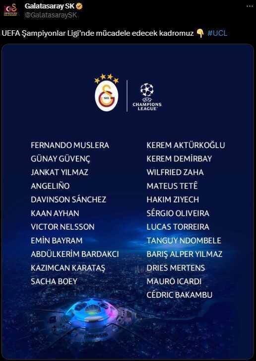 Galatasaray'ın Şampiyonlar Ligi kadrosu açıklandı